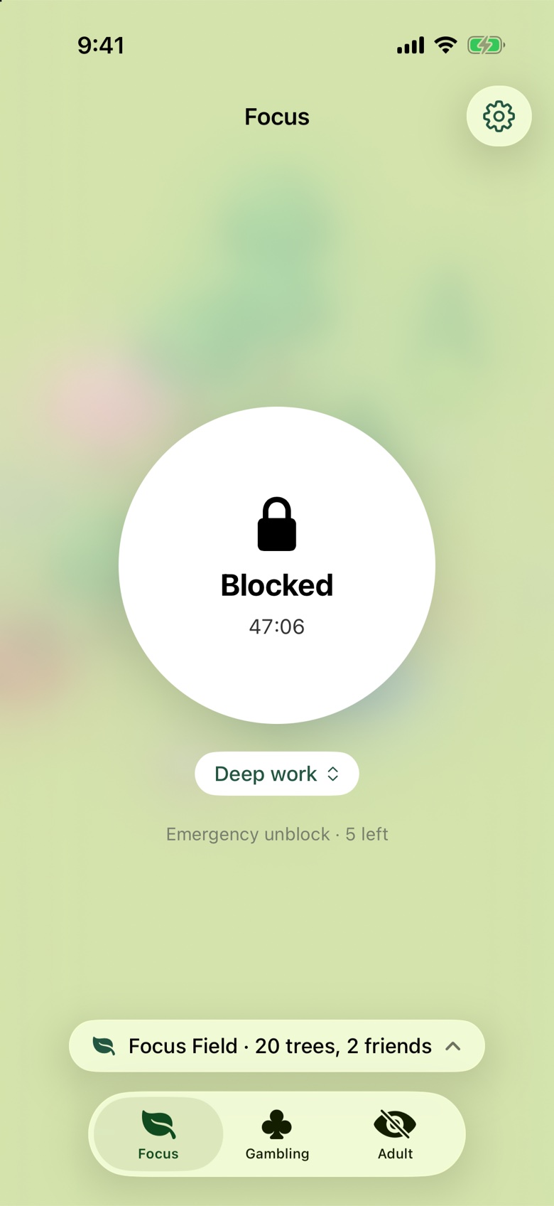 The de•vice app: Blocked for 47 minutes in Deep work mode, with 5 emergency unblocks left