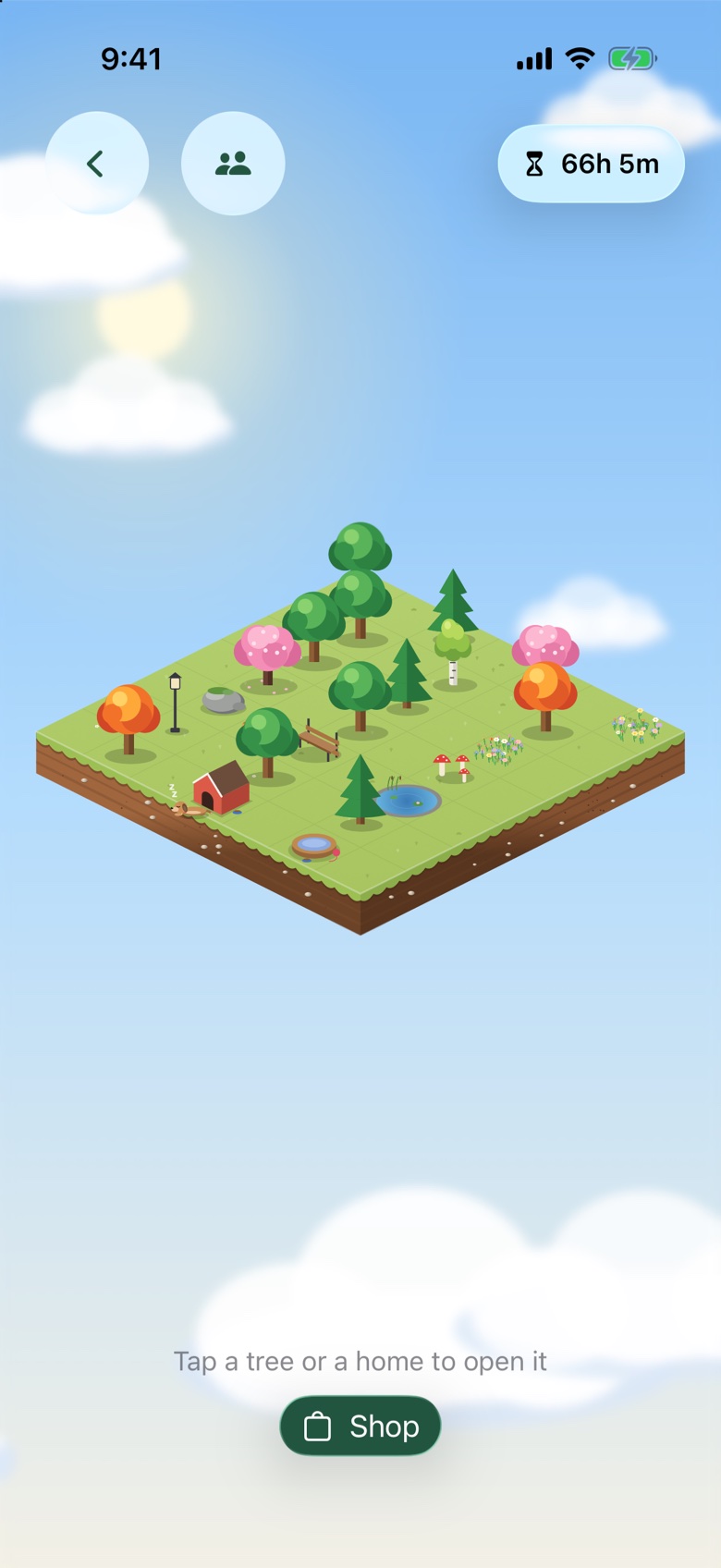 An island in the de•vice app with oaks, pines, cherry blossoms, a pond and a doghouse