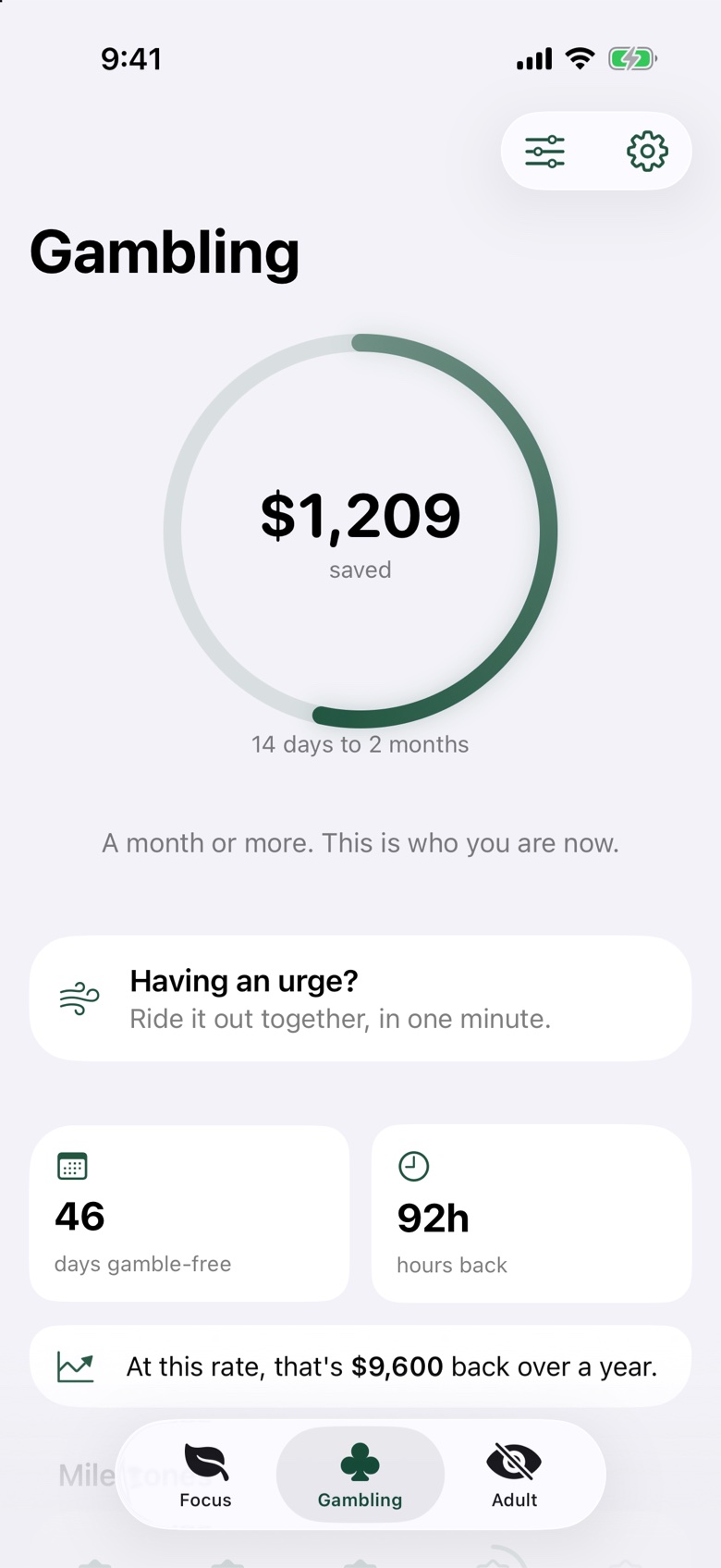 The gambling dashboard in de•vice: $1,209 saved, 46 days gamble-free and 92 hours back